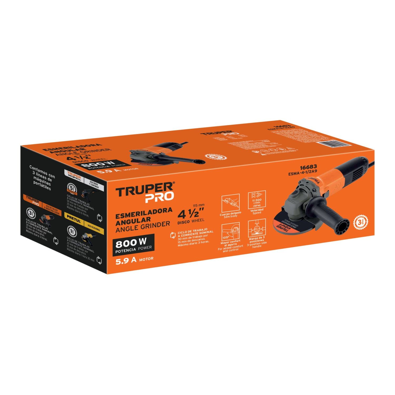 16683 / ESMA-4-1/2A9 Esmeriladora angular 4-1/2″ 800W Truper Pro ...
